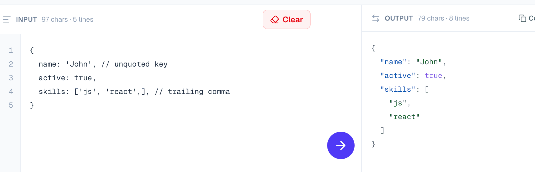 JSONGuy accepting a JavaScript-style object with unquoted keys and comments