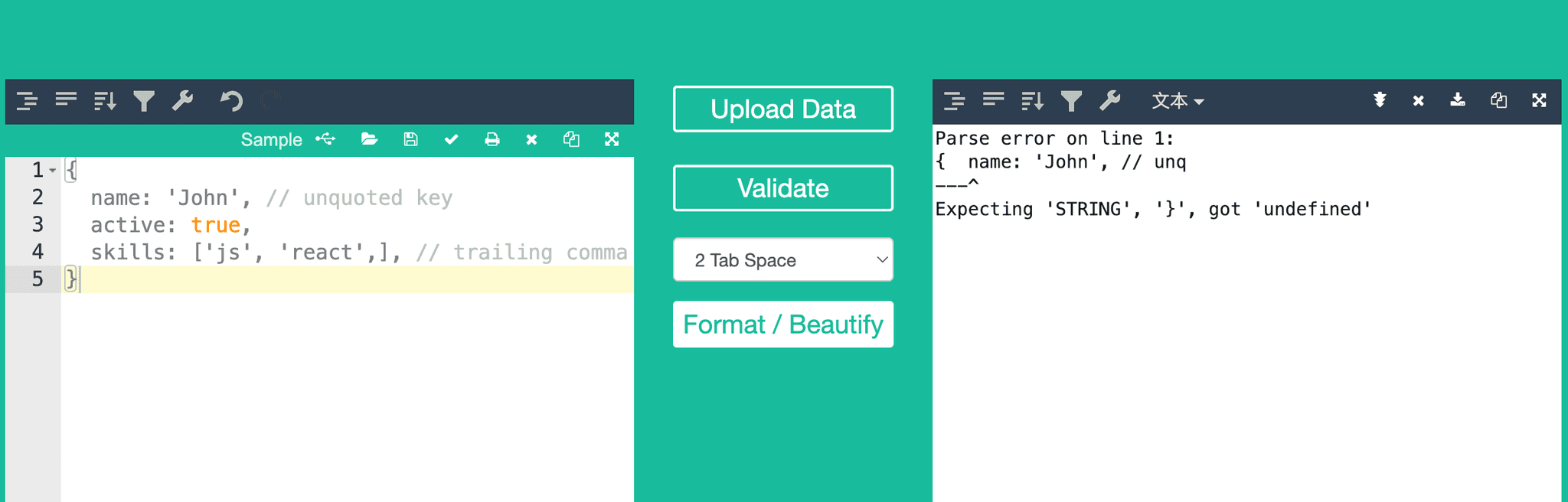 Another JSON tool rejecting the same JavaScript-style object as invalid
